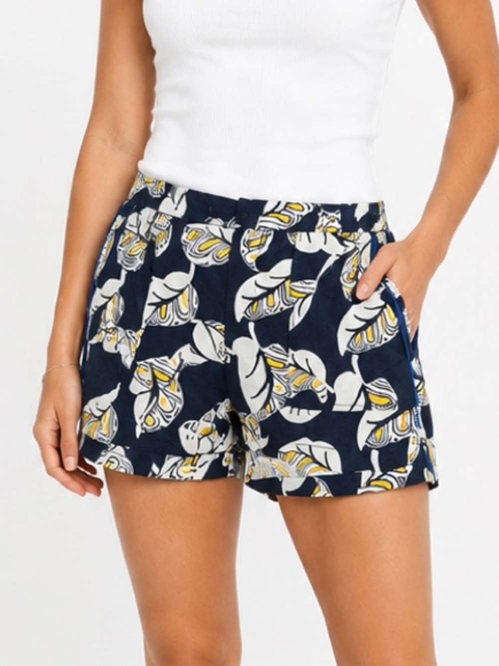 J. Crew Linen Blend Tropical Leaf Print Shorts Blue Yellow Size 6